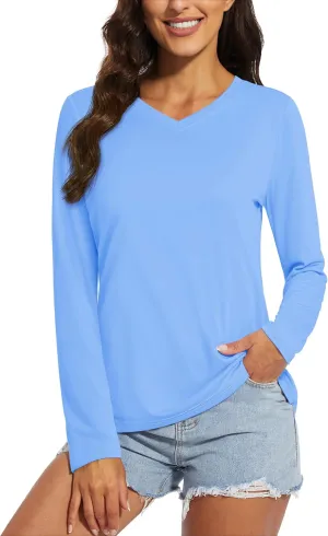 MAGCOMSEN SPF Shirts for Women Long Sleeve Workout Tops V-Neck UPF 50  UV Sun Shirt Quick Dry Performance Tees Swim Tops