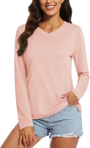 MAGCOMSEN SPF Shirts for Women Long Sleeve Workout Tops V-Neck UPF 50  UV Sun Shirt Quick Dry Performance Tees Swim Tops