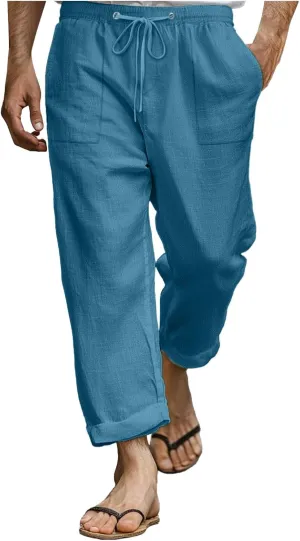 Men Linen Pants Plus Size Casual Plain Pant Classic Basic Lightweight Slacks Summer Vacation Beach Drawstring Trouser