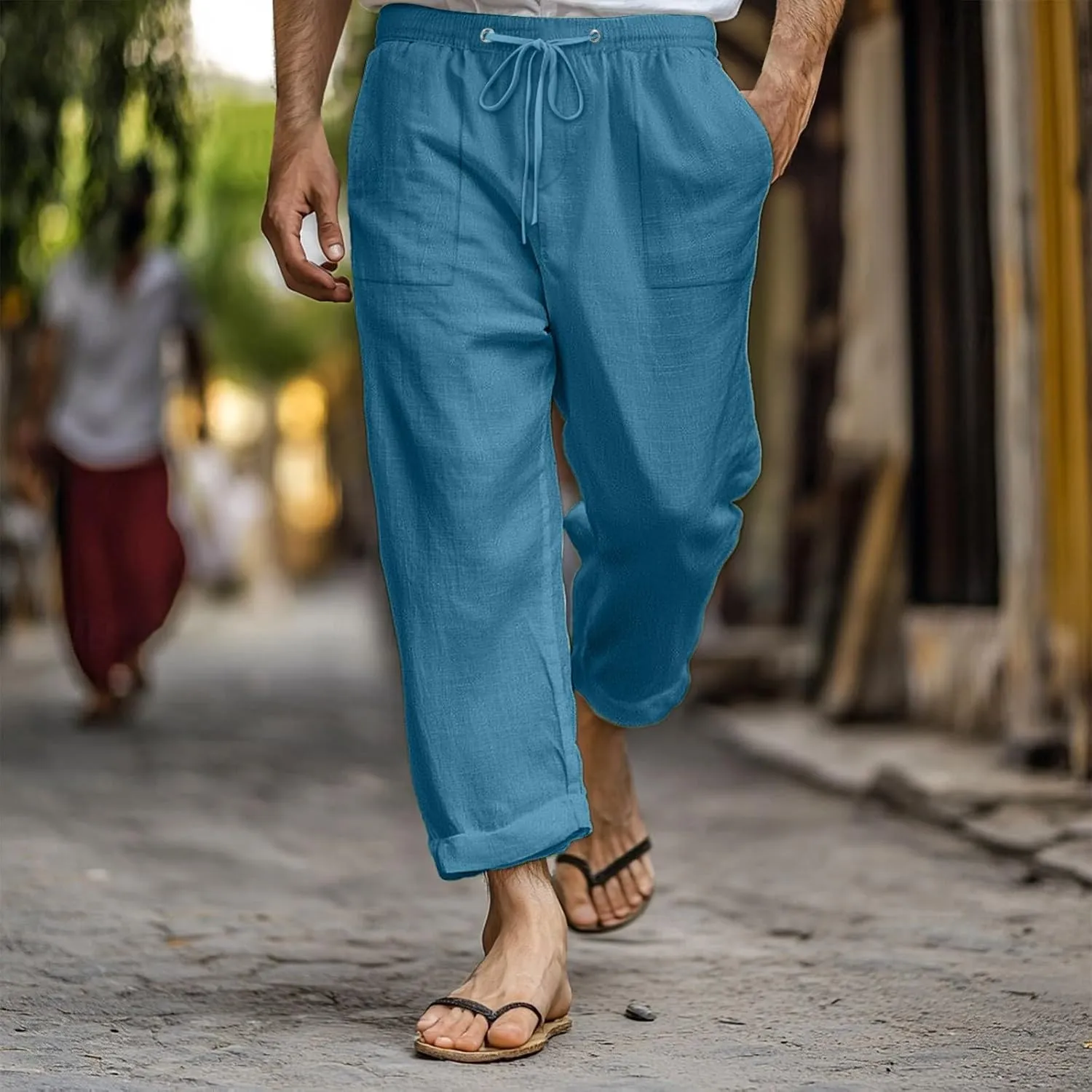 Men Linen Pants Plus Size Casual Plain Pant Classic Basic Lightweight Slacks Summer Vacation Beach Drawstring Trouser