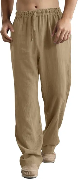 Men Linen Pants Plus Size Solid Beach Vacation Pants Drawstring Waist Lightweight Loose Slacks Summer Casual Trousers
