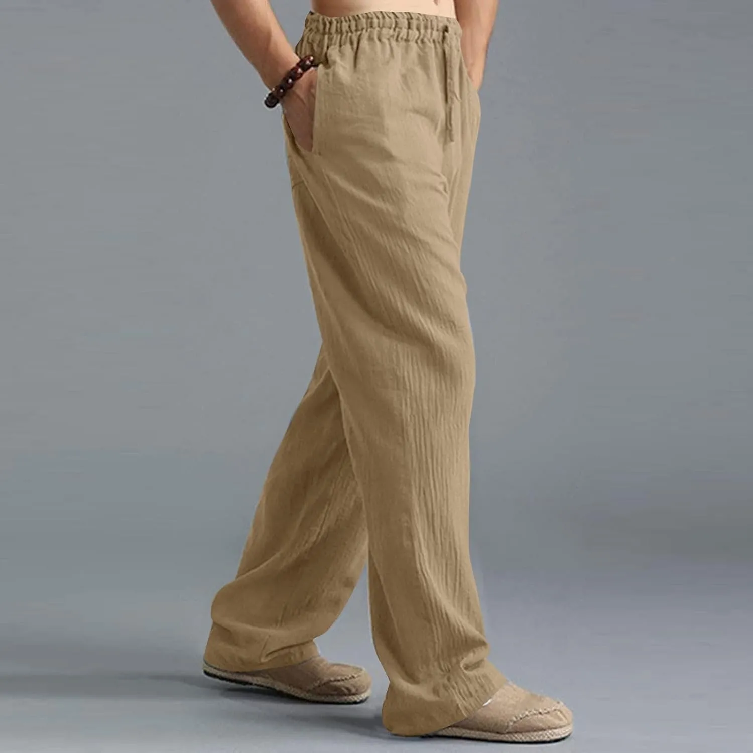 Men Linen Pants Plus Size Solid Beach Vacation Pants Drawstring Waist Lightweight Loose Slacks Summer Casual Trousers