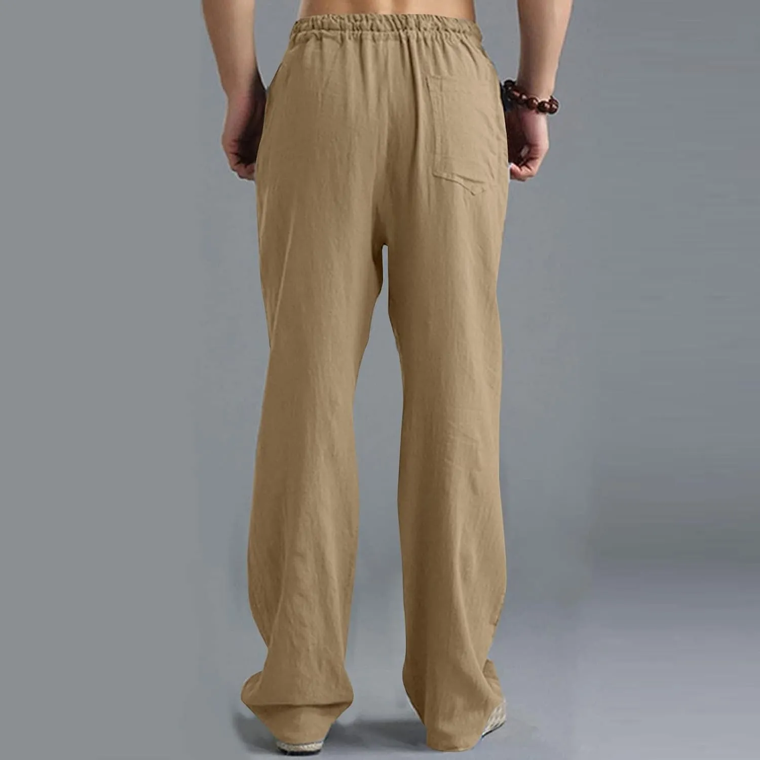 Men Linen Pants Plus Size Solid Beach Vacation Pants Drawstring Waist Lightweight Loose Slacks Summer Casual Trousers