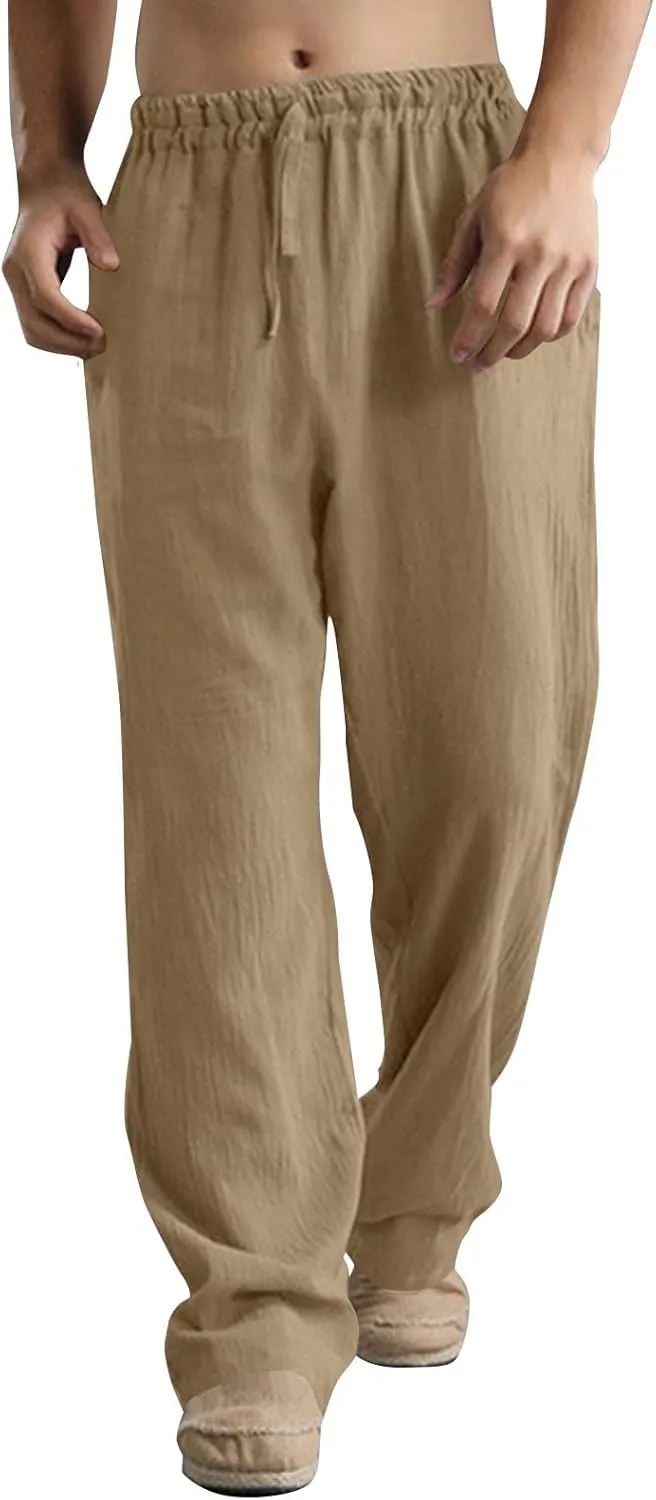 Men Linen Pants Plus Size Solid Beach Vacation Pants Drawstring Waist Lightweight Loose Slacks Summer Casual Trousers