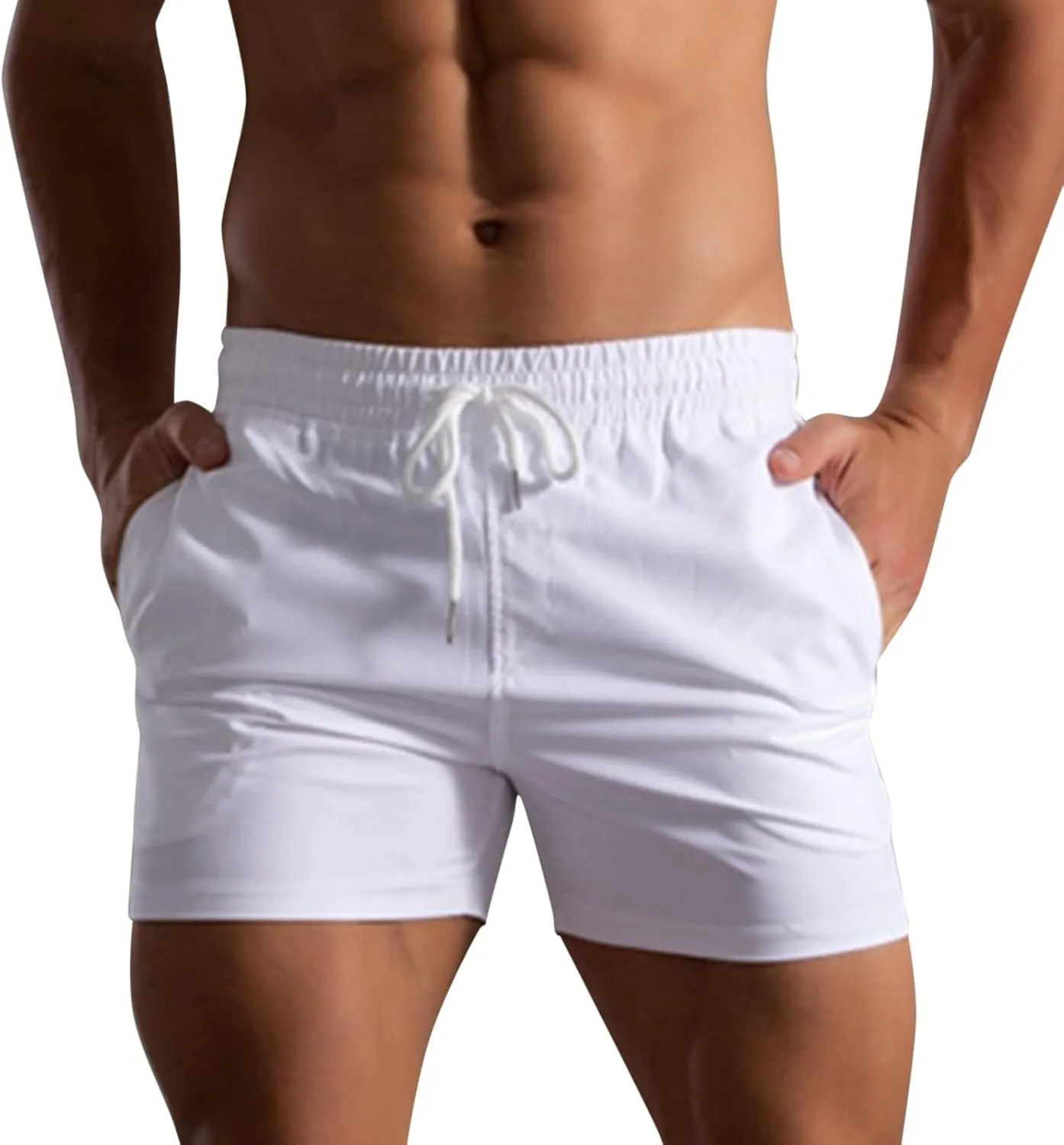 Men Shorts Mid Rise Drawstring Elastic Waisted Slim Fit Short Pants Causal Summer Homewear Solid Color Fitness Shorts
