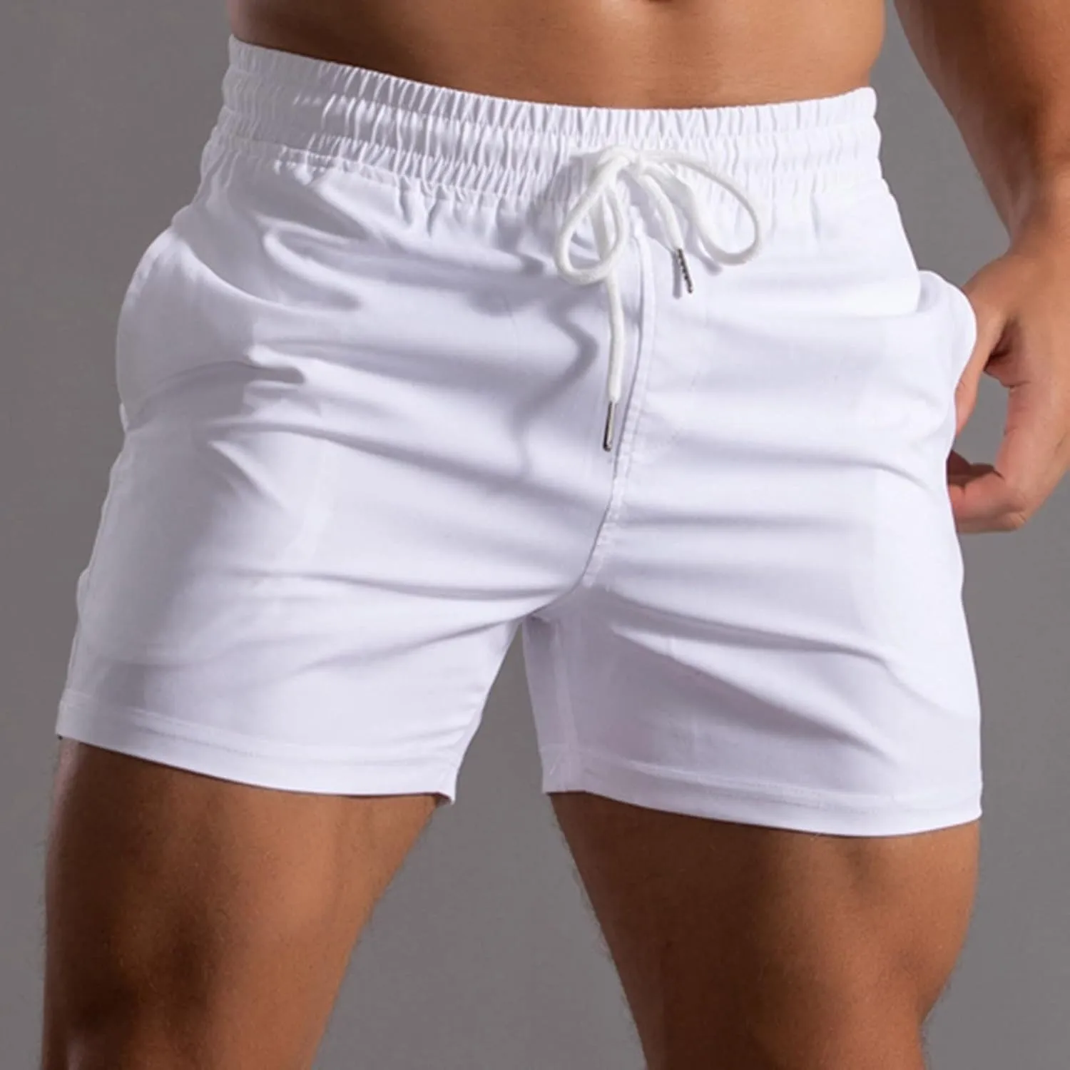 Men Shorts Mid Rise Drawstring Elastic Waisted Slim Fit Short Pants Causal Summer Homewear Solid Color Fitness Shorts