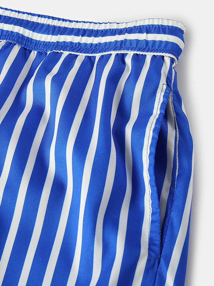 Men Stripe Swimming Shorts Drawstring Quick Drying Holiday Mini Shorts for Running Lounge Shorts