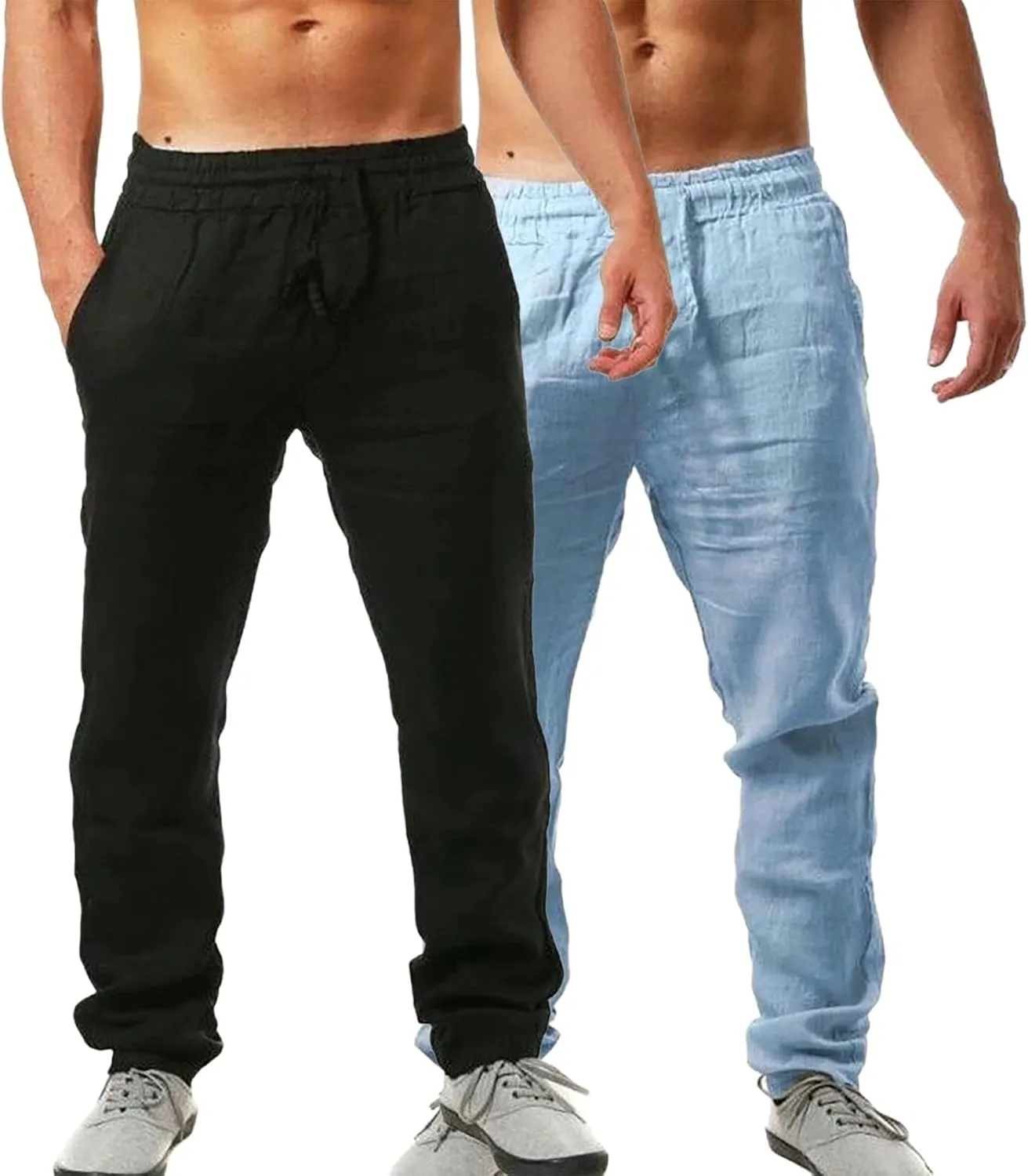 Men's 2 Pack Linen Pants Summer Casual Beach Pants Lightweight Vacation Slacks Elastic Waist Yoga Lounge Trousers