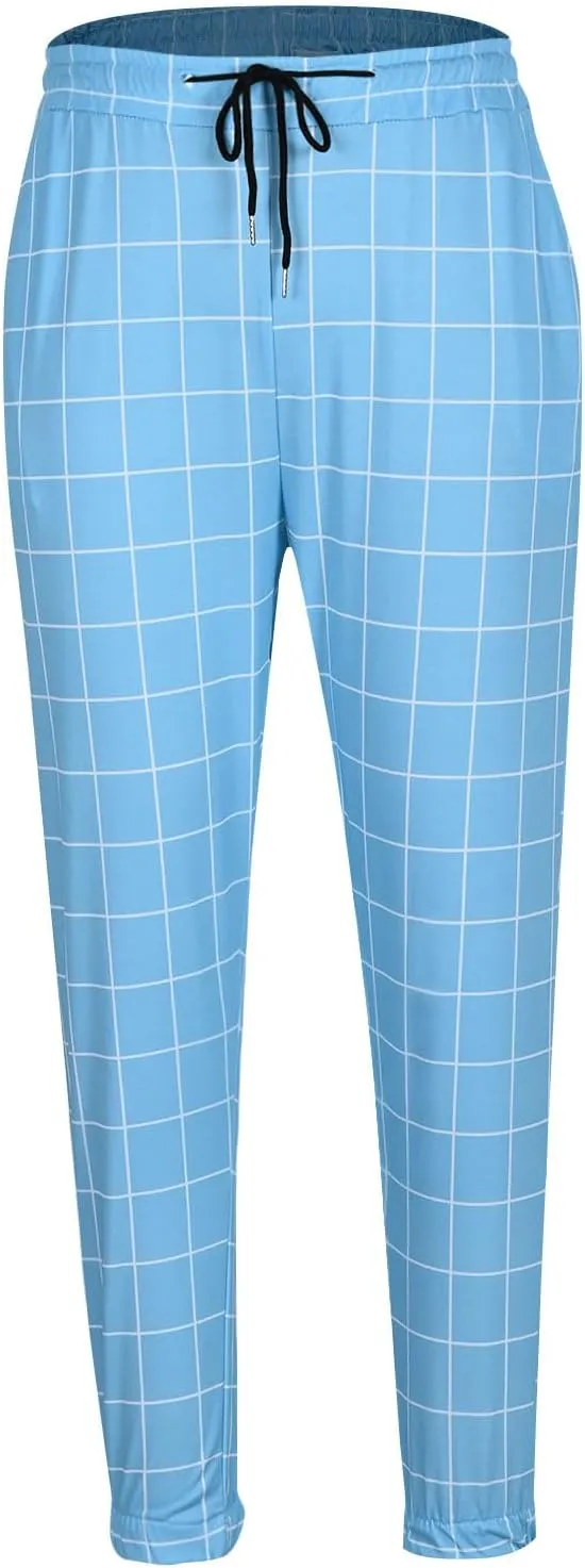Men's Business Work Pants Casual Slim Fit Elastic Waist Drawstring Plaid Trousers Fashion Dress Pant with Pockets