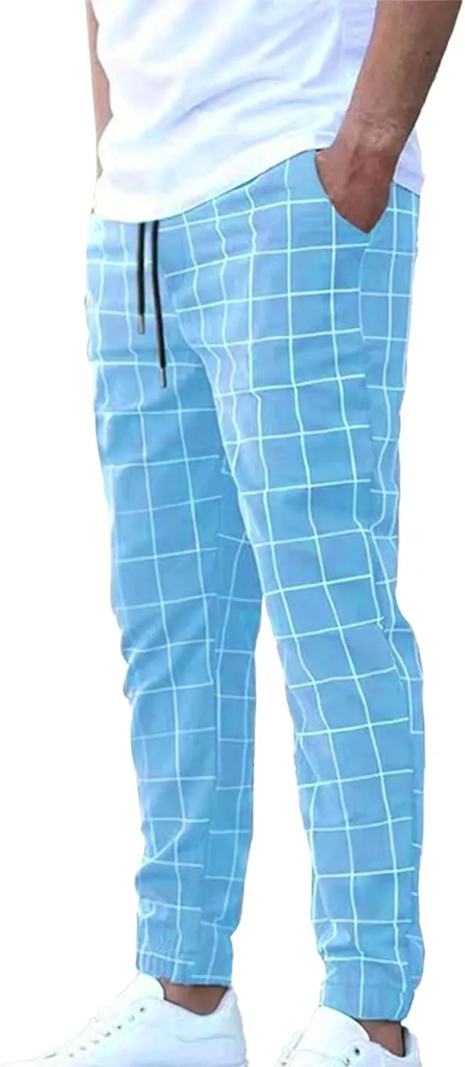 Men's Business Work Pants Casual Slim Fit Elastic Waist Drawstring Plaid Trousers Fashion Dress Pant with Pockets