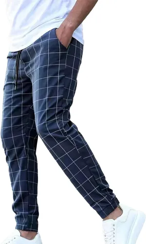 Men's Business Work Pants Casual Slim Fit Elastic Waist Drawstring Plaid Trousers Fashion Dress Pant with Pockets
