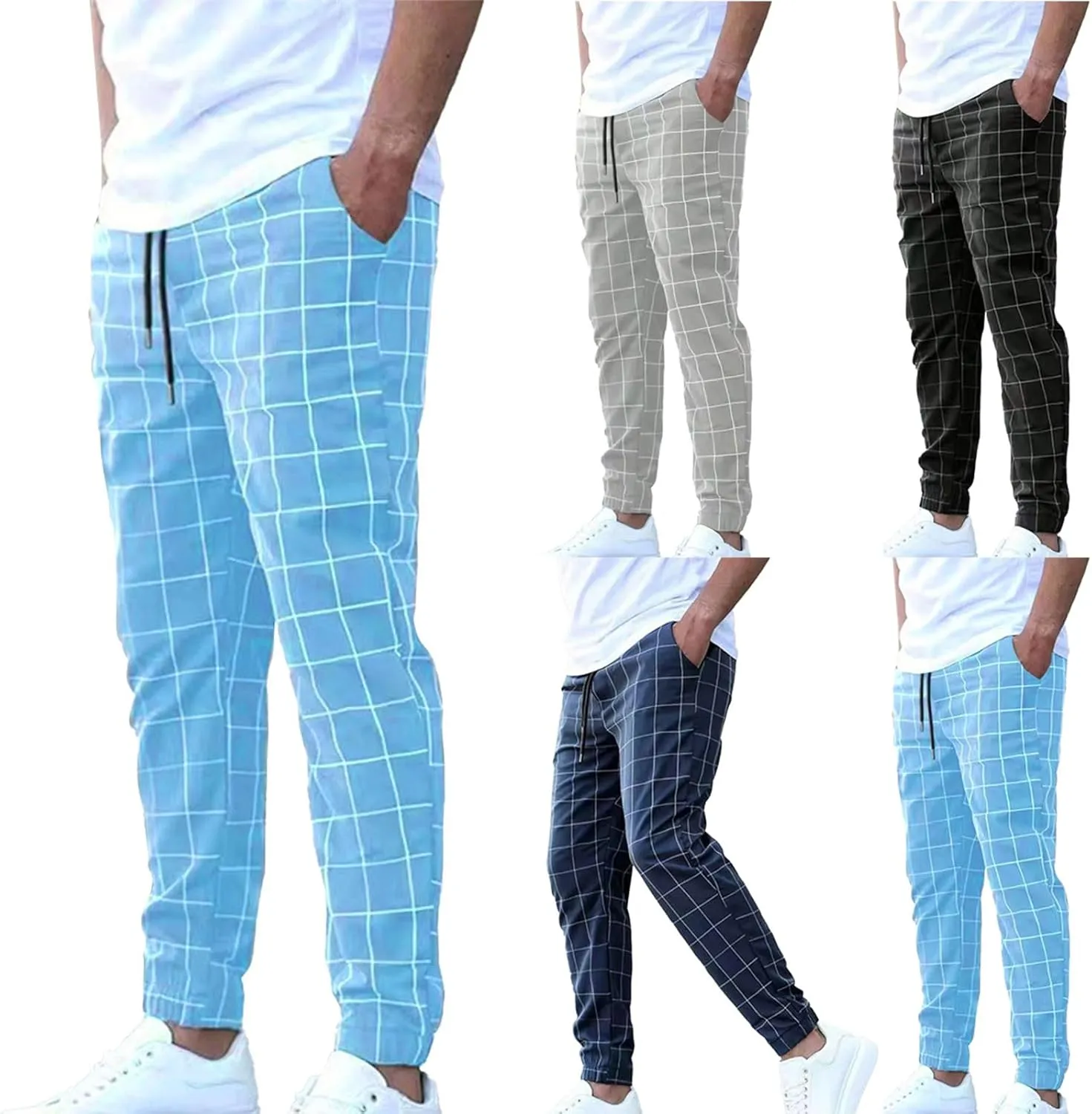 Men's Business Work Pants Casual Slim Fit Elastic Waist Drawstring Plaid Trousers Fashion Dress Pant with Pockets