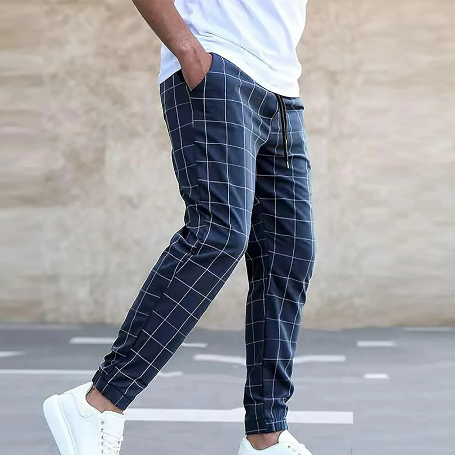 Men's Business Work Pants Casual Slim Fit Elastic Waist Drawstring Plaid Trousers Fashion Dress Pant with Pockets