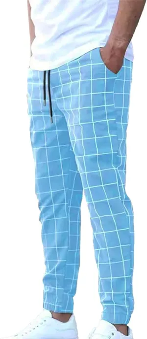 Men's Business Work Pants Casual Slim Fit Elastic Waist Drawstring Plaid Trousers Fashion Dress Pant with Pockets