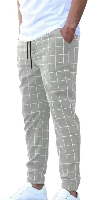 Men's Business Work Pants Casual Slim Fit Elastic Waist Drawstring Plaid Trousers Fashion Dress Pant with Pockets