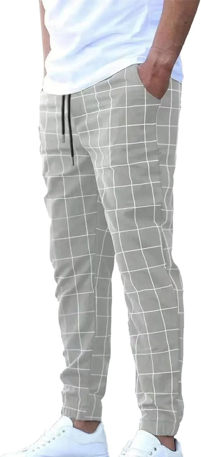 Men's Business Work Pants Casual Slim Fit Elastic Waist Drawstring Plaid Trousers Fashion Dress Pant with Pockets