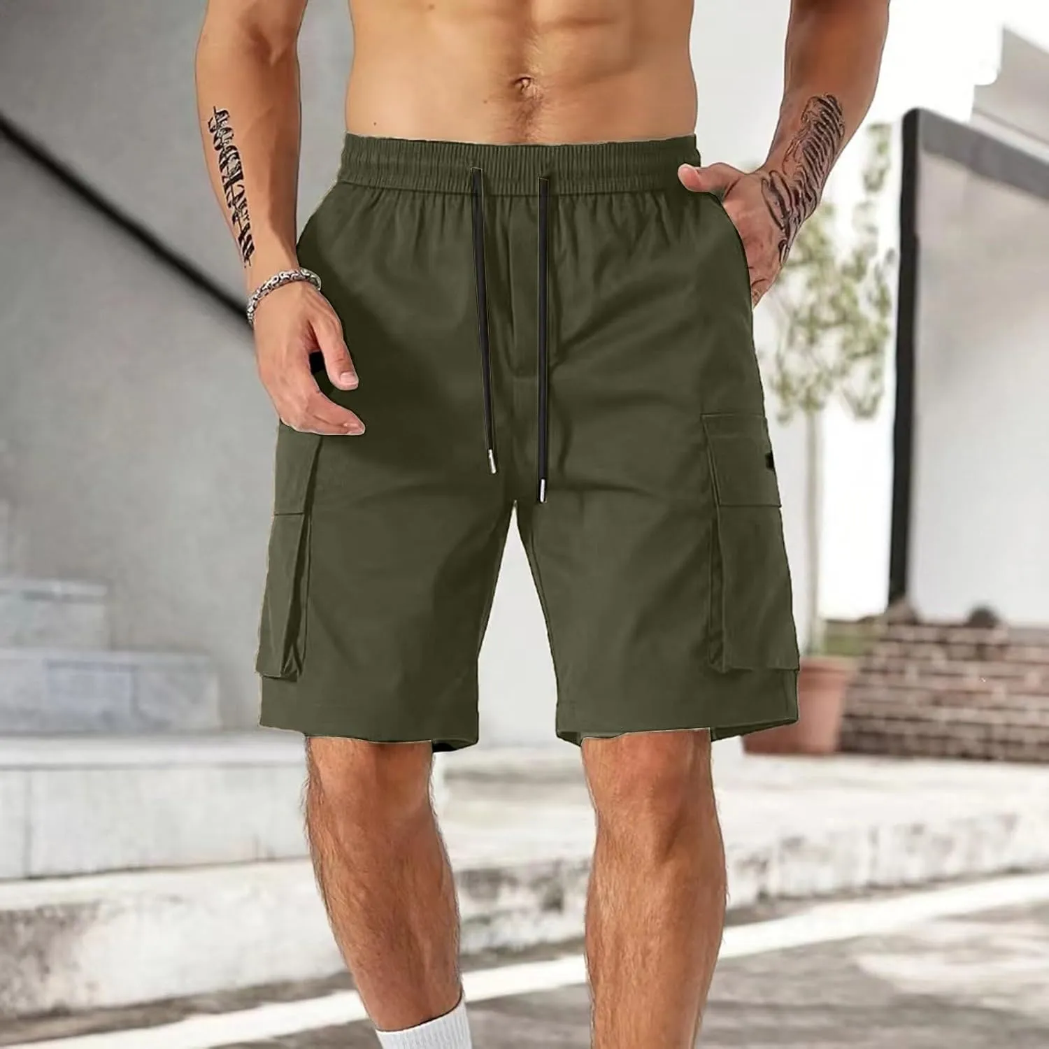 Mens Cargo Shorts Big and Tall Elastic Waist Long Fishing Hiking Shorts Drawstring Lounge Beach Pants Multi Pockets