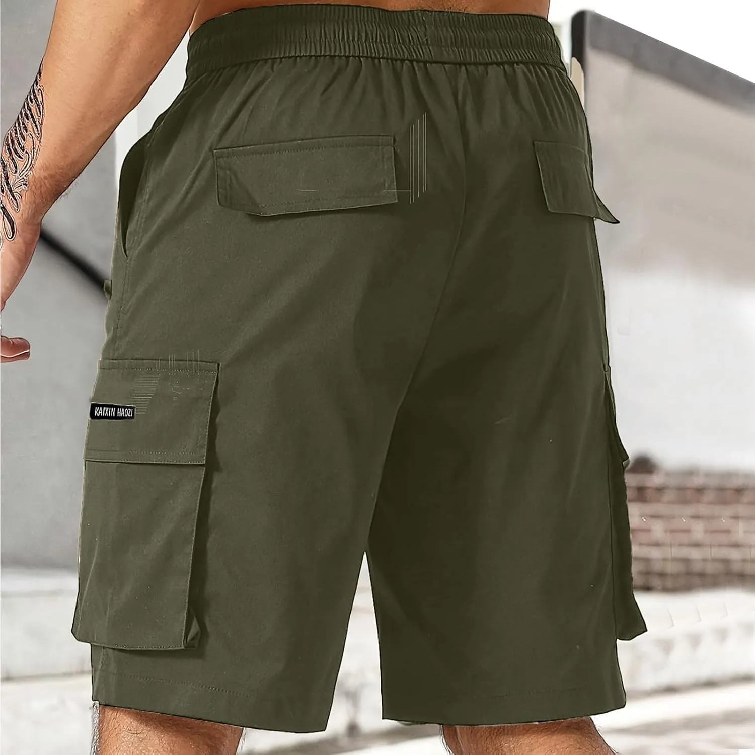 Mens Cargo Shorts Big and Tall Elastic Waist Long Fishing Hiking Shorts Drawstring Lounge Beach Pants Multi Pockets