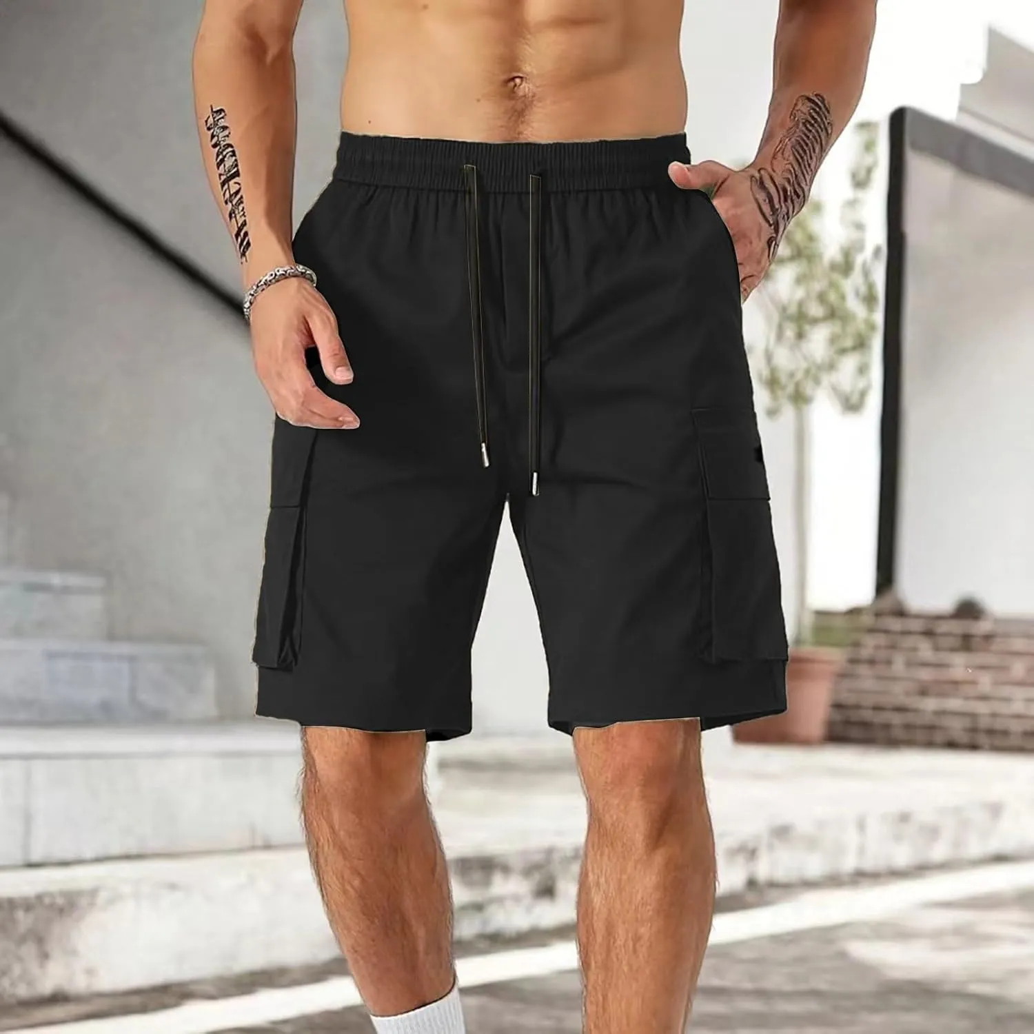 Men's Cargo Shorts Slim Fit Elastic Waist Hiking Long Shorts Drawstring Big Tall Golf Gym Work Pants Multi Pockets