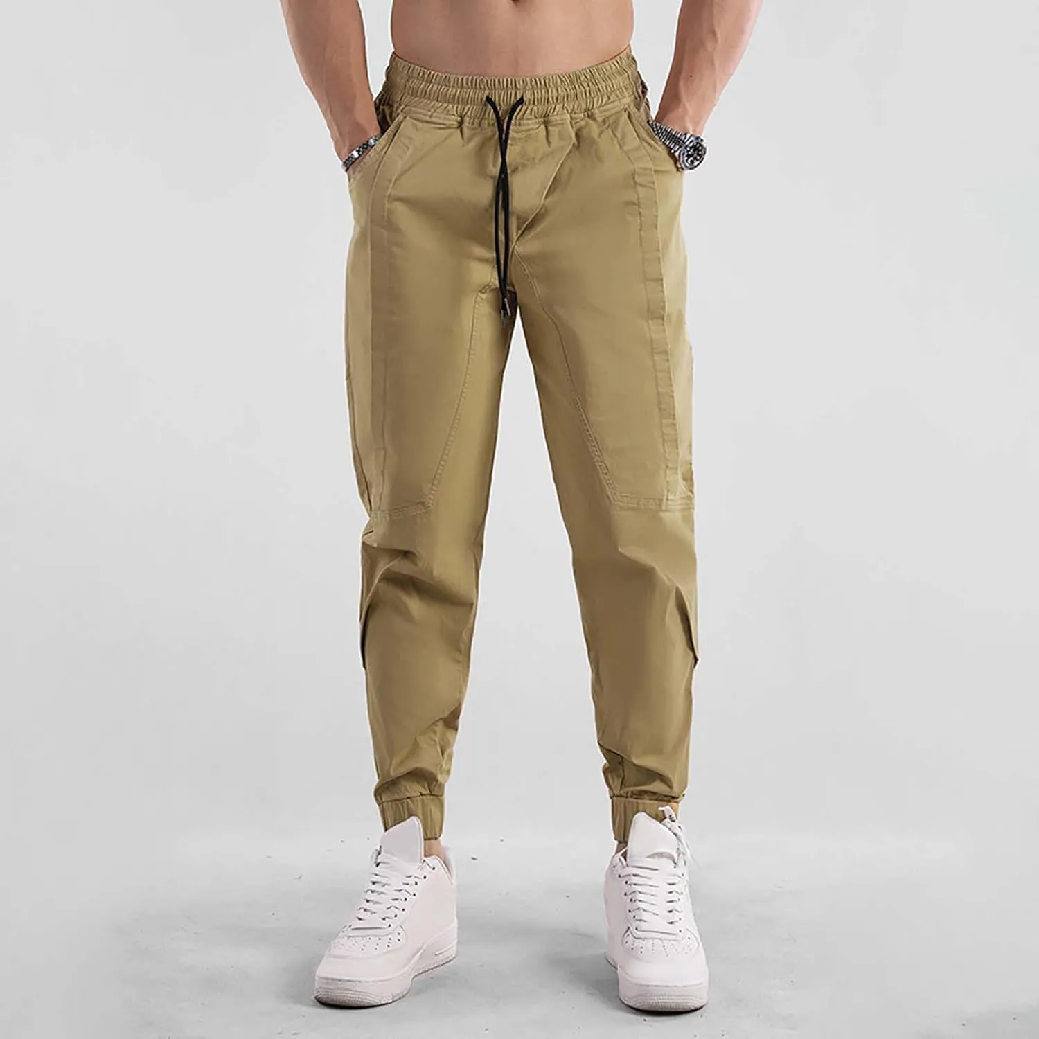 Mens Casual Cargo Pants Casual Elastic Waist Drawstring Trousers Slim Fit Cinch Bottom Tapered Sweatpants for Men