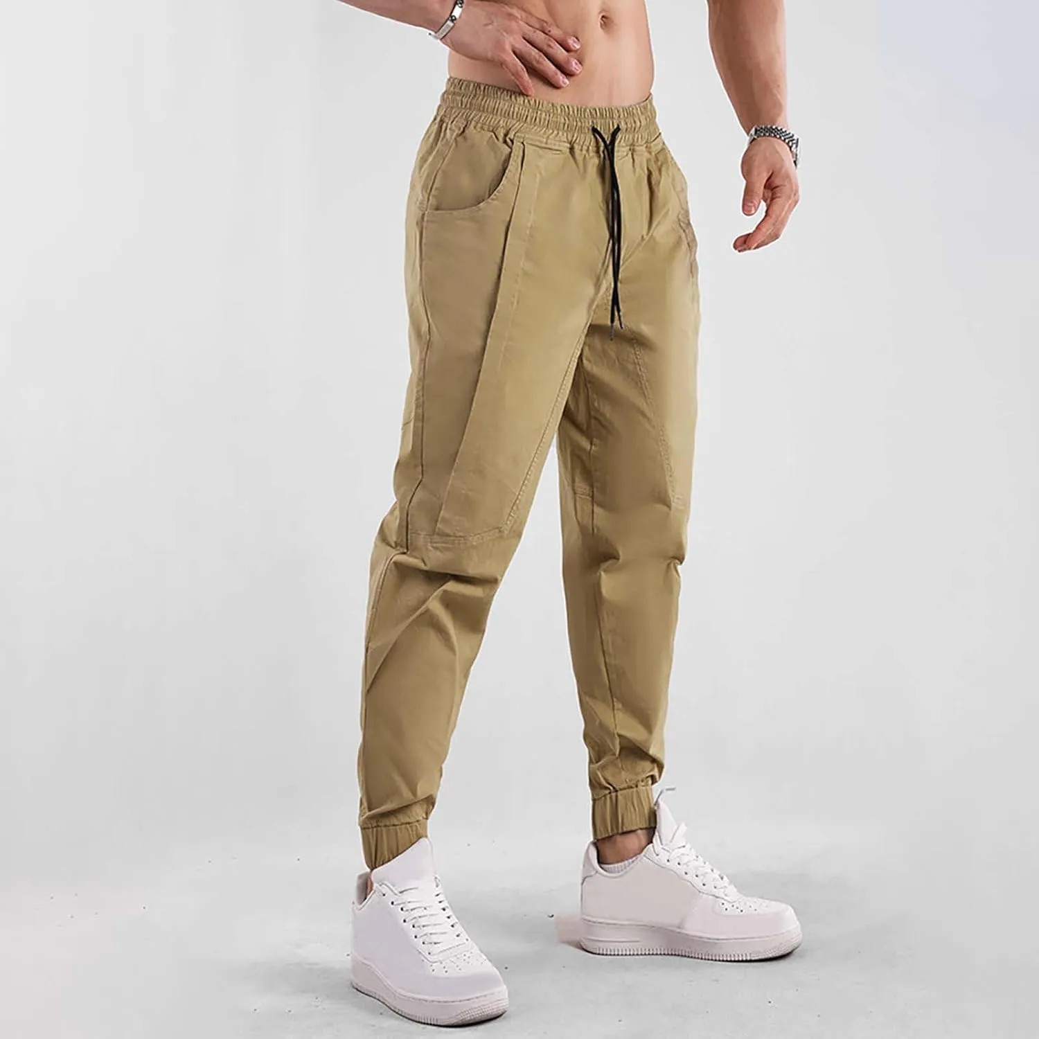 Mens Casual Cargo Pants Casual Elastic Waist Drawstring Trousers Slim Fit Cinch Bottom Tapered Sweatpants for Men