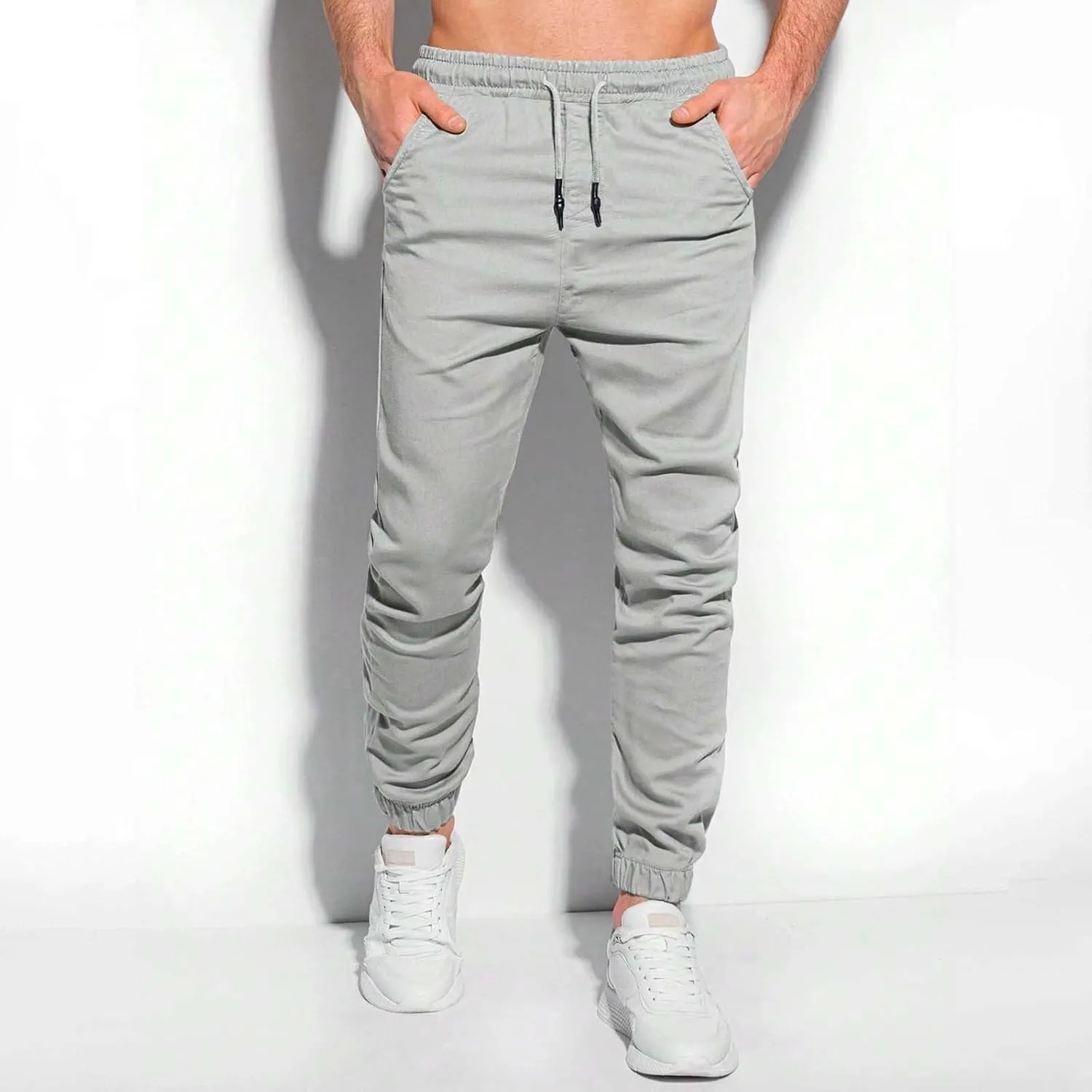 Mens Casual Chino Pants Elastic Waist Solid Color Classic Slim Fit Stretch Work Pants Fashion Sport Business Office Trousers