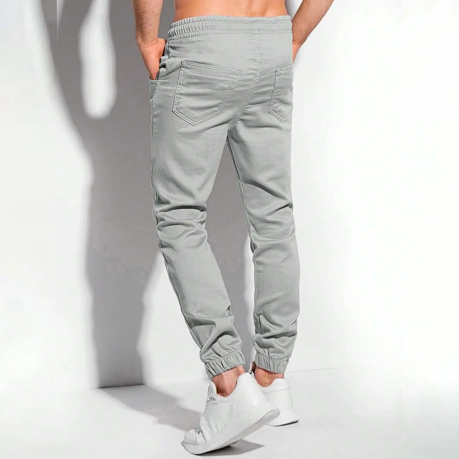 Mens Casual Chino Pants Elastic Waist Solid Color Classic Slim Fit Stretch Work Pants Fashion Sport Business Office Trousers