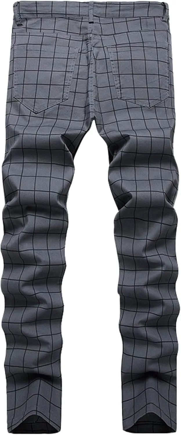 Mens Casual Chino Pants Plaid Striped Print Straight Leg Skinny Classic Denim Pant Business Work Stretch Dress Pant