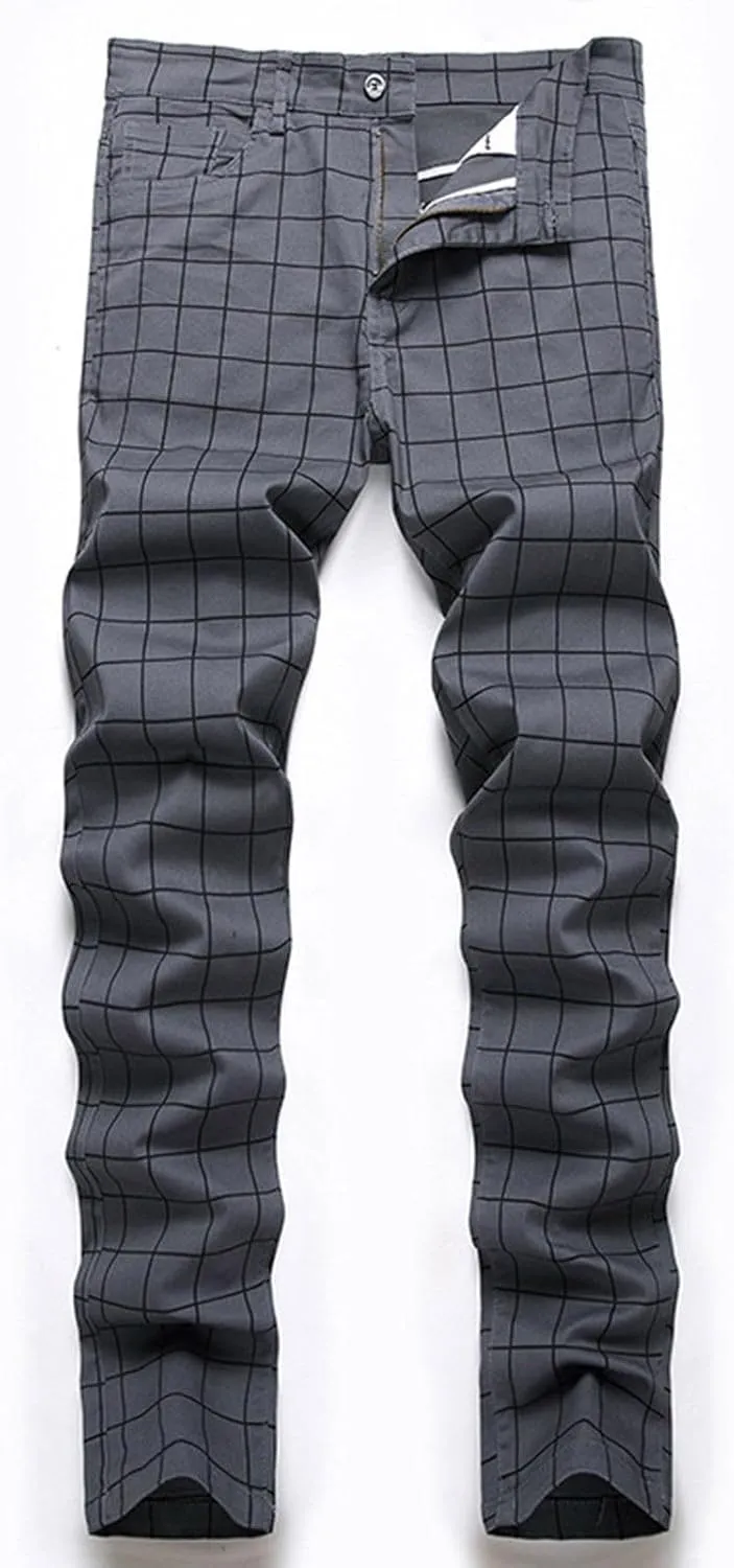 Mens Casual Chino Pants Plaid Striped Print Straight Leg Skinny Classic Denim Pant Business Work Stretch Dress Pant
