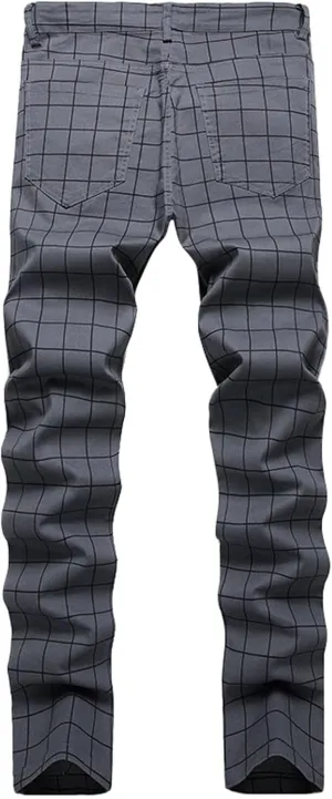 Mens Casual Chino Pants Plaid Striped Print Straight Leg Skinny Classic Denim Pant Business Work Stretch Dress Pant