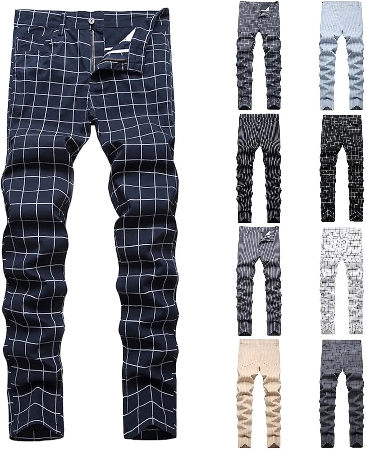 Mens Casual Chino Pants Plaid Striped Print Straight Leg Skinny Classic Denim Pant Business Work Stretch Dress Pant