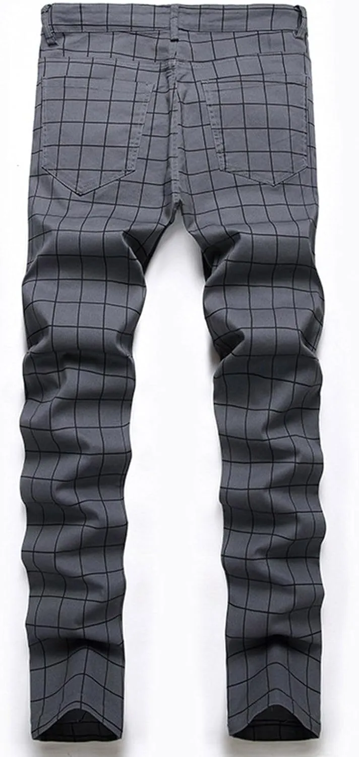 Mens Casual Chino Pants Plaid Striped Print Straight Leg Skinny Classic Denim Pant Business Work Stretch Dress Pant