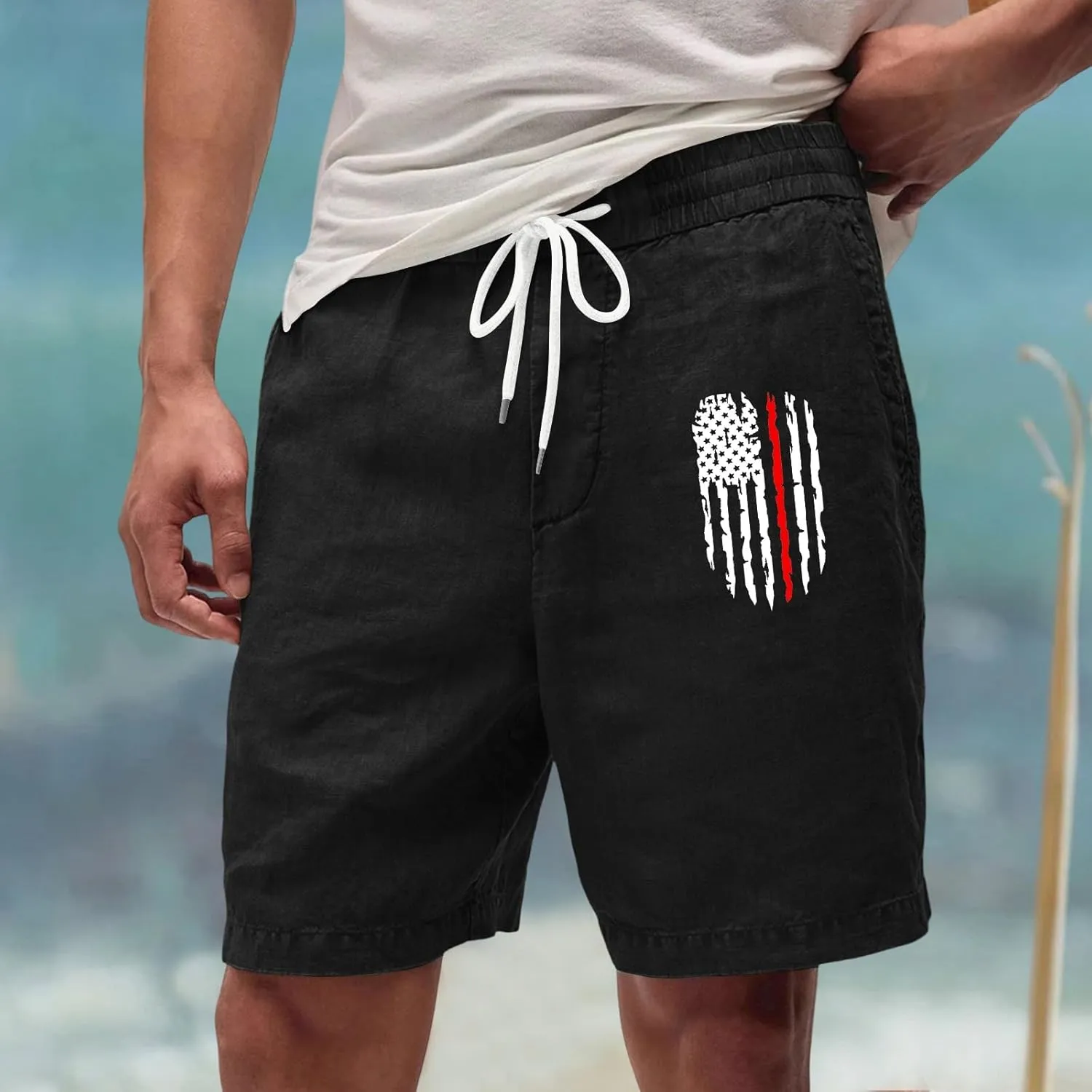 Men's Casual Drawstring Shorts with USA Flag Patch, Comfortable Cotton, Perfect for Summer Activities with Pockets