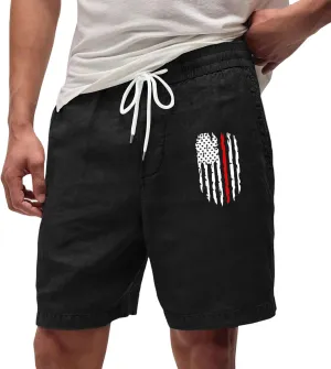 Men's Casual Drawstring Shorts with USA Flag Patch, Comfortable Cotton, Perfect for Summer Activities with Pockets