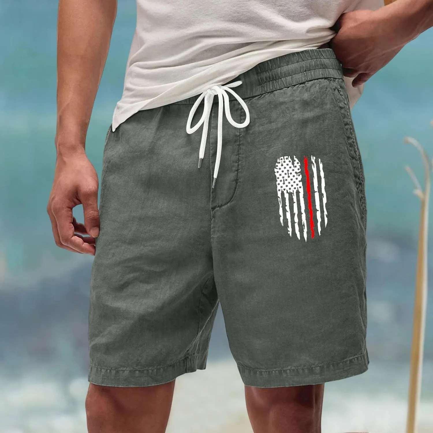 Men's Casual Drawstring Shorts with USA Flag Patch, Comfortable Cotton, Perfect for Summer Activities with Pockets