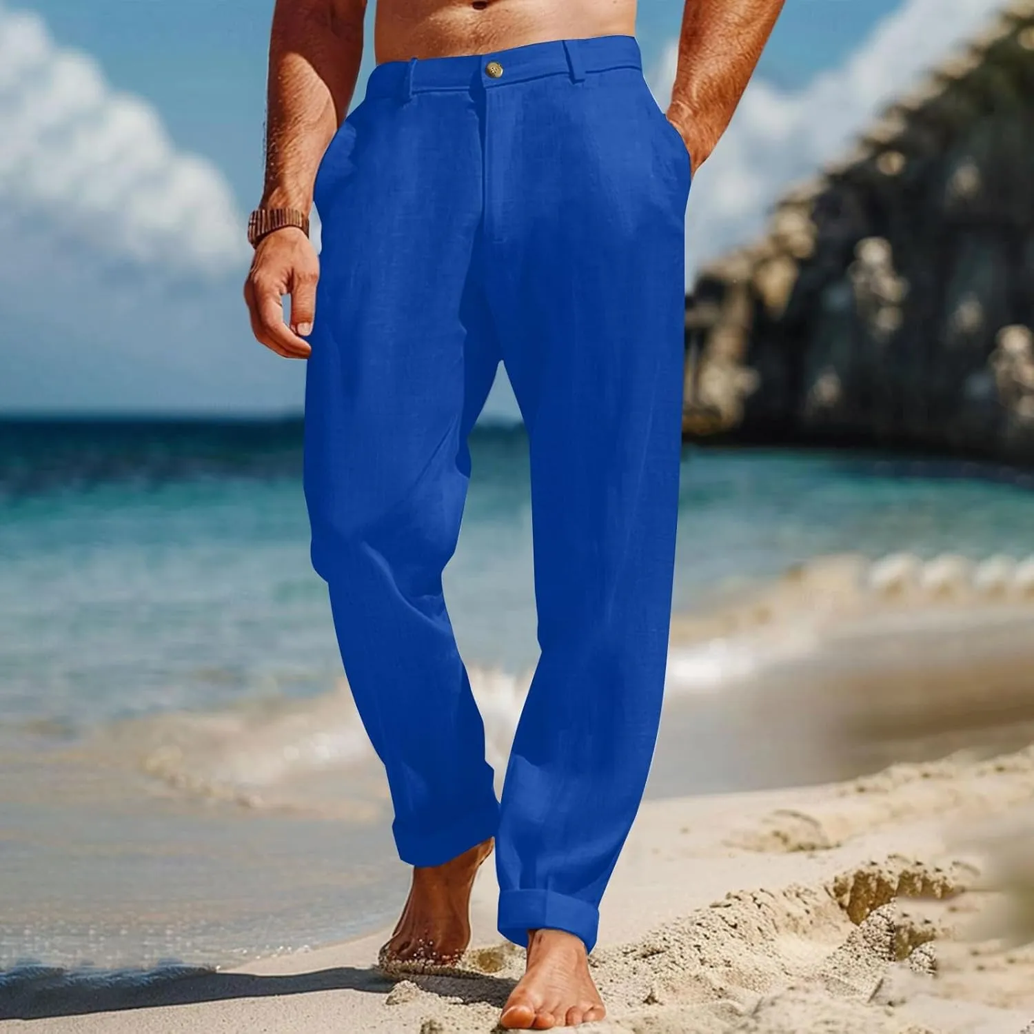 Mens Casual Pants Plain Beach Vacation Pants Elastic Waist Lightweight Loose Fit Pleated Slacks Summer Yoga Trousers