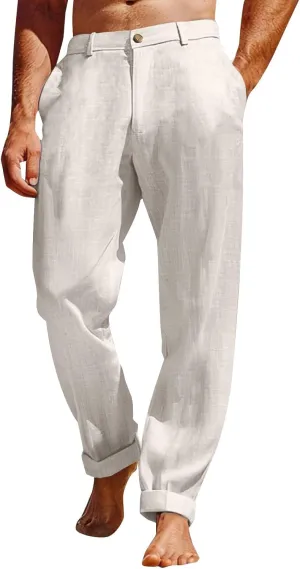 Mens Casual Pants Plain Beach Vacation Pants Elastic Waist Lightweight Loose Fit Pleated Slacks Summer Yoga Trousers