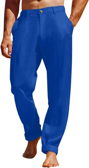 Mens Casual Pants Plain Beach Vacation Pants Elastic Waist Lightweight Loose Fit Pleated Slacks Summer Yoga Trousers