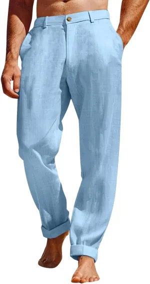 Mens Casual Pants Plain Beach Vacation Pants Elastic Waist Lightweight Loose Fit Pleated Slacks Summer Yoga Trousers