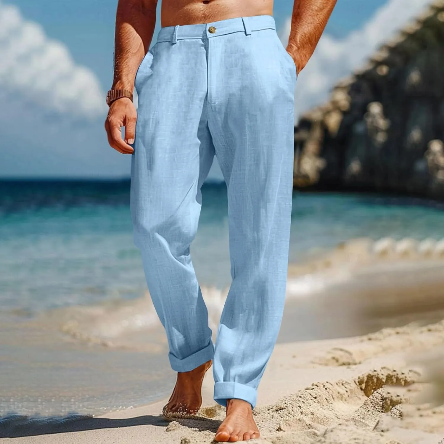 Mens Casual Pants Plain Beach Vacation Pants Elastic Waist Lightweight Loose Fit Pleated Slacks Summer Yoga Trousers