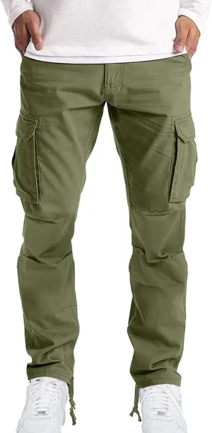 Men's Causal Cotton Cargo Pants,Loose-Fit Comfy Classic Lightweight Daily Wear with Multi-Pocket Athletic Joggers