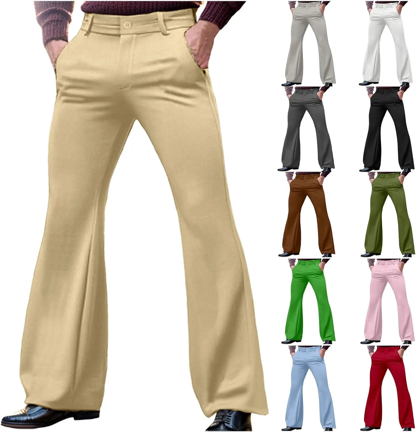 Men's Classic Flared Trousers Slim Fit Solid Pants Retro Fashion Disco Pants Outdoor Business Trousers with Pockets