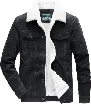 Men's Corduroy Jacket Winter Sherpa Fleece Trucker Jacket Fur Collar Warm Cowboy Coat