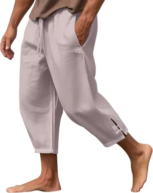 Mens Cotton Linen Pants Casual Drawstring Elastic Waist Yoga Pants Summer Beach Loose Trousers