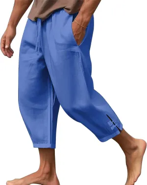 Mens Cotton Linen Pants Casual Drawstring Elastic Waist Yoga Pants Summer Beach Loose Trousers