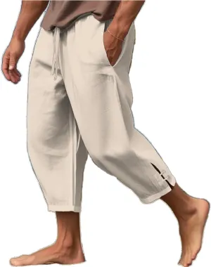 Mens Cotton Linen Pants Casual Drawstring Elastic Waist Yoga Pants Summer Beach Loose Trousers