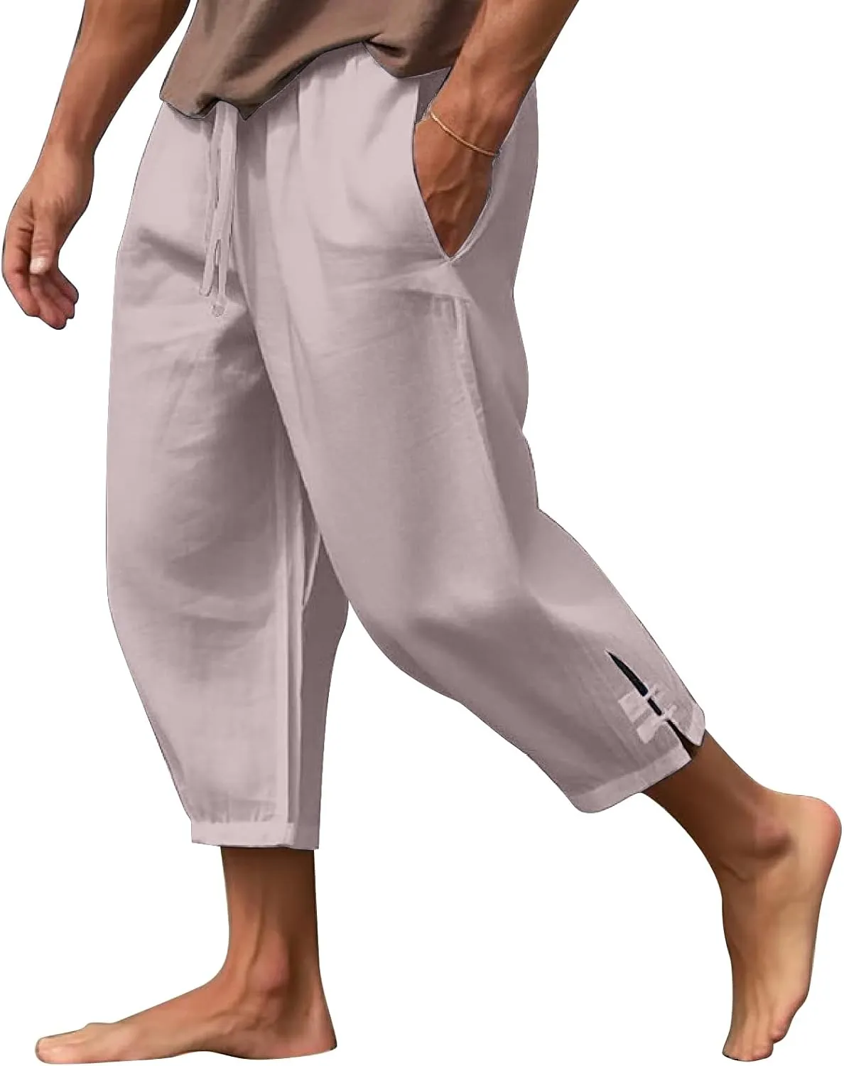 Mens Cotton Linen Pants Casual Drawstring Elastic Waist Yoga Pants Summer Beach Loose Trousers