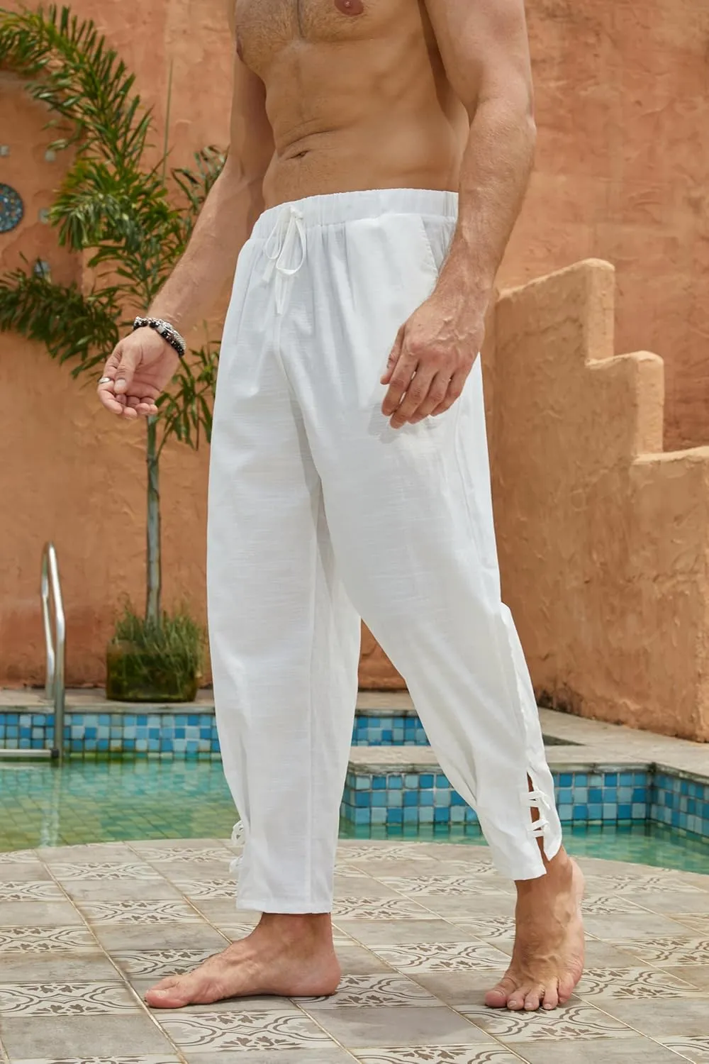 Mens Cotton Linen Pants Casual Drawstring Elastic Waist Yoga Pants Summer Beach Loose Trousers
