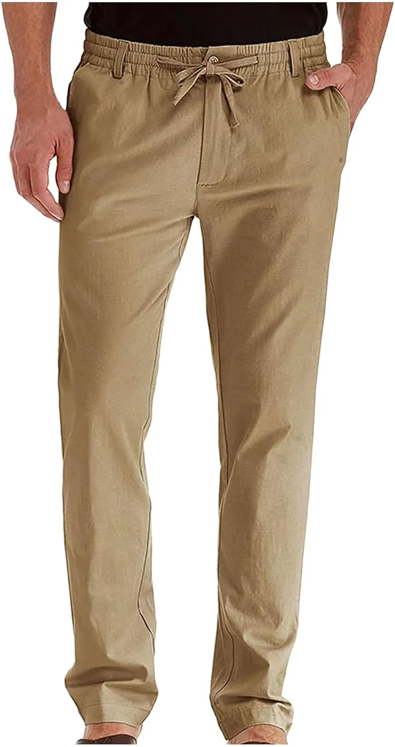 Men's Drawstring Linen Pants Casual Summer Loose Beach Trousers Classic Solid Color Straight-Legs Slim Fit Yoga Pants