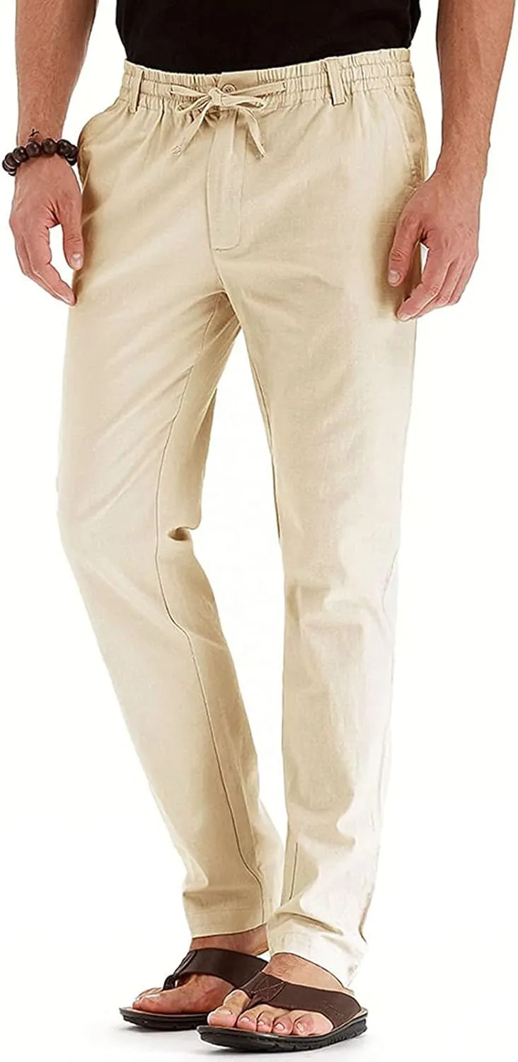 Men's Drawstring Linen Pants Casual Summer Loose Beach Trousers Classic Solid Color Straight-Legs Slim Fit Yoga Pants